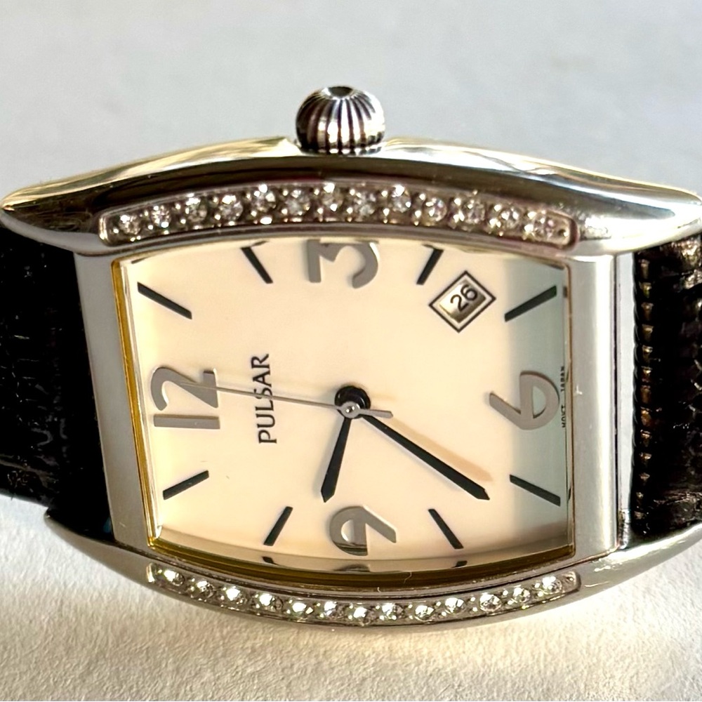 Pulsar By SEIKO Silver and Black Watch with Crystal mother of pearl VX32–310